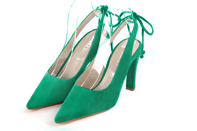 Emerald green women's slingback shoes. Pointed toe. High slim heel. Front view - Florence KOOIJMAN